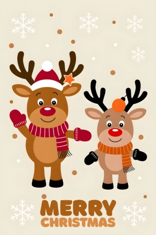Tarjeta de felicitación navideña con un par de renos adorables en una escena invernal con copos de nieve y un mensaje estilizado de feliz navidad.