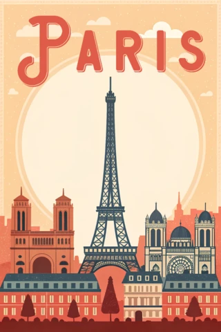Art deco Parijs stadsgezicht ontwerp voor retro flat posters sjabloon