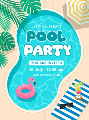 Summer Pool Party Invitation Flyer with Flamingo Float and Tropical Beach Elements