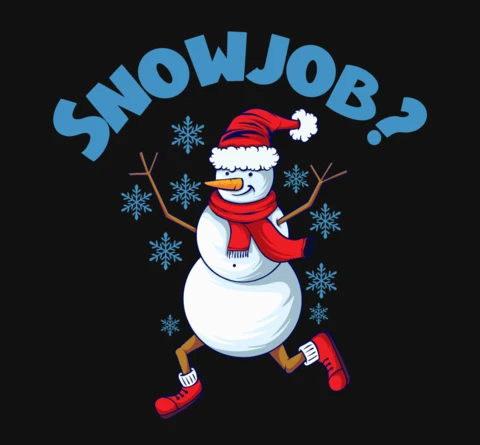Diseño de camiseta de un peculiar muñeco de nieve con sombrero de santa, zapatillas y la frase juguetona "¿trabajo de nieve?"