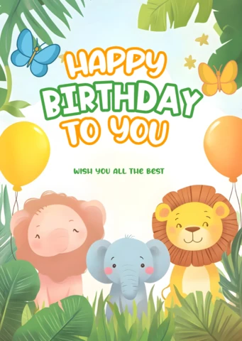 Cute Safari Animals Happy Birthday Greeting Card Design Template