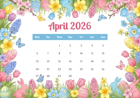Plakat kalendarza na kwiecień 2026 — święta wielkanocne z królikami, jajkami, tulipanami, żonkilami i ozdobną ramką