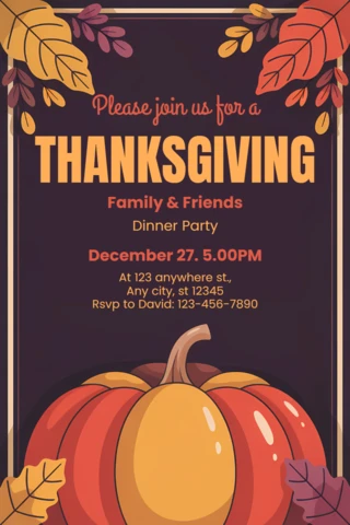 Thanksgiving Party Invitation Template with Pumpkin and Autumn Leaves Design