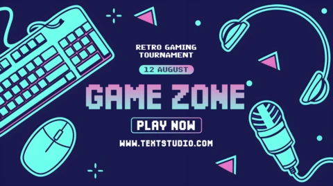 Plantilla de torneo de videojuegos retro con diseño de teclado y micrófono para promoción de eventos.