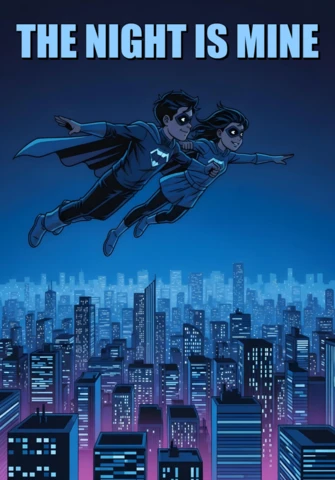 La noche es mía volando superhéroes sobre las luces de la ciudad con un audaz diseño de cartel de estilo cómic.