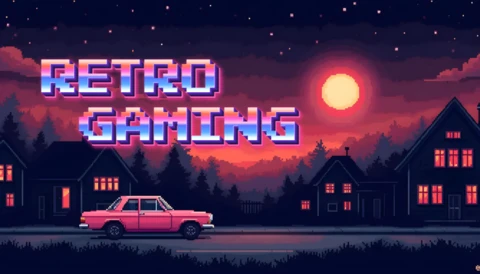 Affiche de jeu rétro avec un coucher de soleil en pixel art, une voiture et un design esthétique des années 80