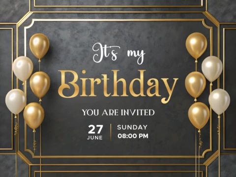 Elegant Birthday Invitation Template Design with Gold Accents and Balloons