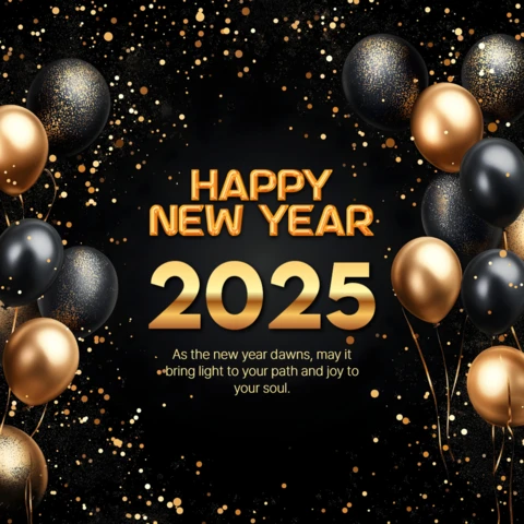 Carte de vœux 2025 avec ballons noirs et dorés