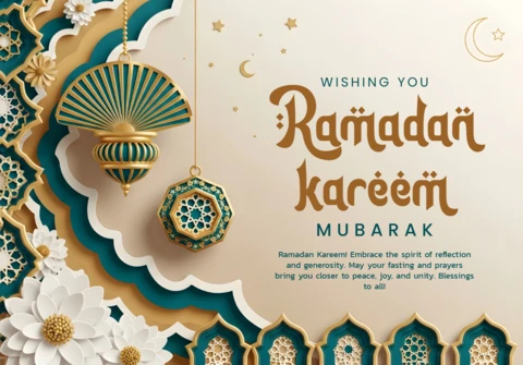 Elegancki szablon kartki z życzeniami Ramadan Kareem z latarniami i elementami kwiatowymi