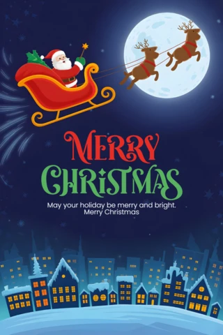 Holiday Season Poster Santa Claus in Sleigh Above Snowy Village with Moonlight and Festive Fireworks Design Template