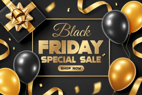 Black Friday Sale Design Template with Balloons and Gift Box for Promotional Flyers