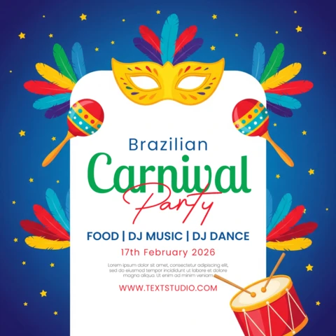 Brazilian Carnival Party Poster Colorful Mask, Maracas, Drum & Feathers On Starry Blue Background