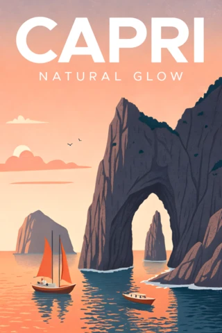 Template de design de pôster de viagem vintage Capri com brilho natural para arte de parede