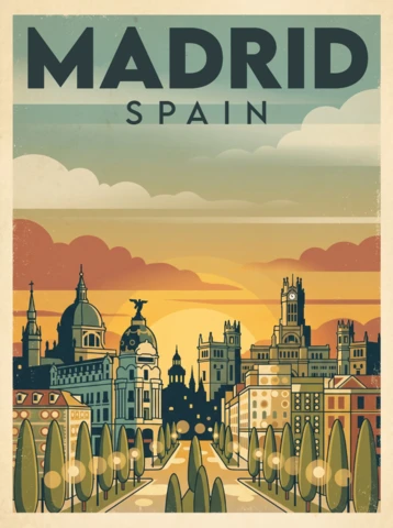 Madrid Retro Vintage Architecture Poster Spain Scenic Sunset Cityscape Avenue Domes Spires Golden Sky European Charm Illustration