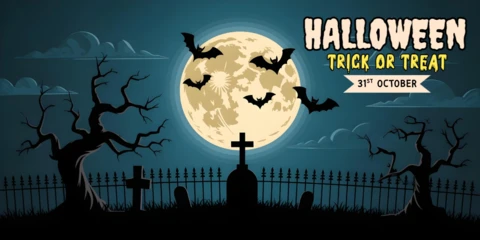 Modello di copertura Facebook per Halloween con cimitero, alberi contorti, pipistrelli volanti e notte nebbiosa.