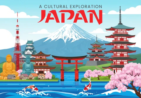 Exploración cultural Japón cartel monte Fuji, pagodas, puertas torii, cerezos en flor y torre de Tokio.