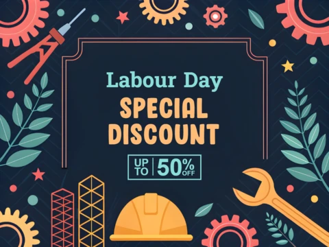Design de modelo de desconto para o Dia do Trabalho com elementos industriais