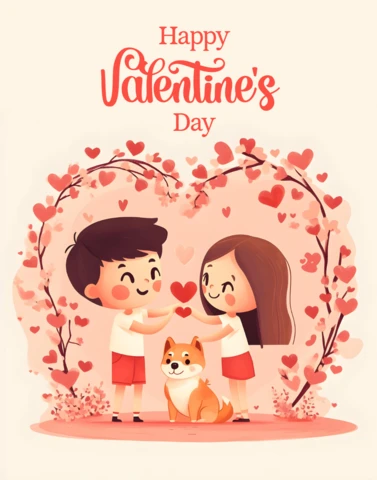 Valentine's Day Couple Illustration Template with Heart Arch and Puppy