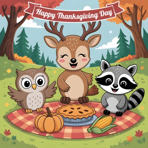 Thanksgiving Day Card Owl, Deer & Raccoon Sharing Pie On Picnic Blanket in Autumn Forest Banner Design Template