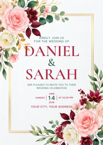 Elegant Floral Wedding Invitation Card Template with Romantic Rose Bouquet and Gold Border Design