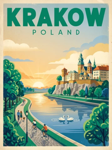 Krakow Poland Vintage Retro Travel Poster Riverside Landscape Historic Castle Towers Autumn Trees Sunset Illustration