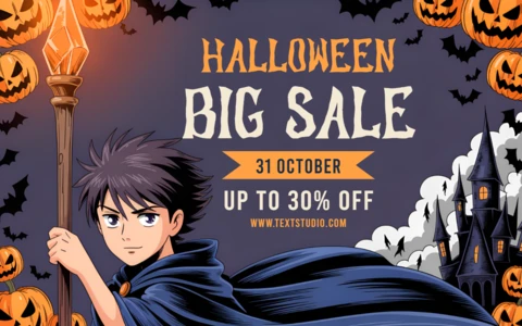 Modello di design per la vendita di Halloween con personaggi anime e elementi di zucca per volantini promozionali