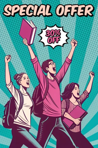 Template de design de oferta especial de pop art para panfletos promocionais com estudantes empolgados