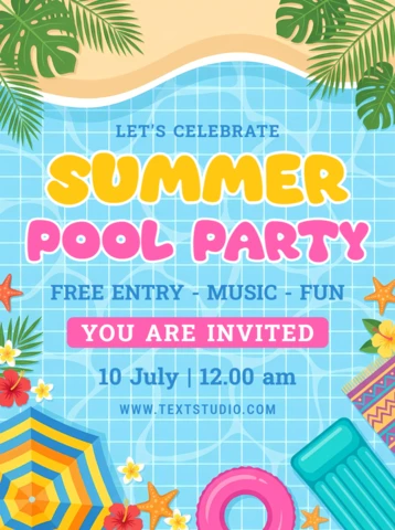 Summer Pool Party Invitation Flyer Template with Inflatable Float, Beach Umbrella and Tropical Decorations