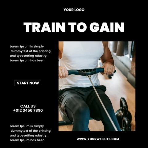 Plantilla de diseño de post para redes sociales de gimnasio moderno en negro