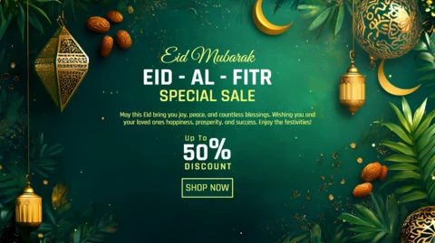 Eid Al-Fitr Sale Design Template with Elegant Green Floral Style