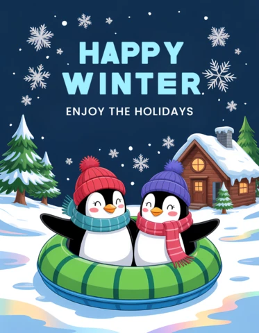 Template de design de pinguim para cartões de saudação de férias de inverno
