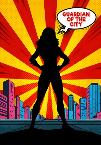 Silueta de héroe al estilo cómic guardián de la ciudad con diseño de póster de fondo radiante.