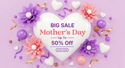 Mother's Day Sale Design Template with Floral Elements and Heart Motif
