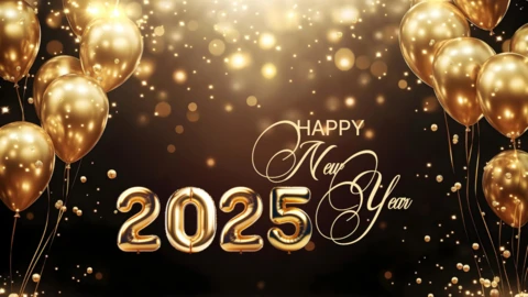 Modèle de carte de vœux 2025 paillettes d'or et ballons luxueux