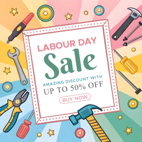 Modelo de design colorido de promoção do Dia do Trabalho com ferramentas e descontos