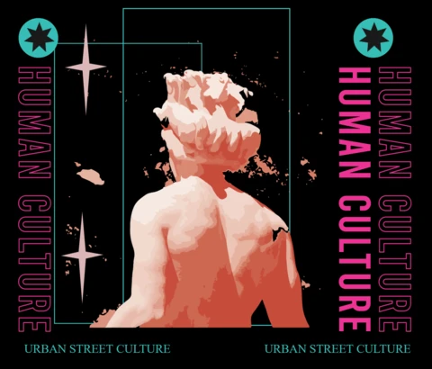 Plantilla de diseño de cultura urbana con estatua artística para ropa y mercancía