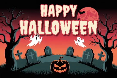 Modelo de design de Halloween assustador para panfletos festivos com fantasmas e abóboras