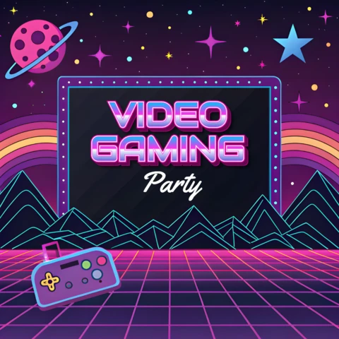 80'ler retro dalga neon tasarımı nostaljik oyuncular için parti davetiyesi şablonu