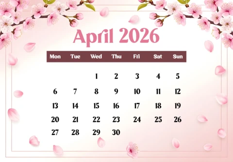Póster del calendario de abril de 2026 — flores de cerezo, pétalos y tema decorativo de primavera en rosa pastel