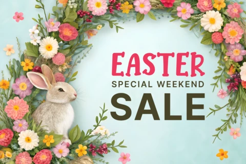Plantilla de diseño de venta de Pascua floral con conejito y flores