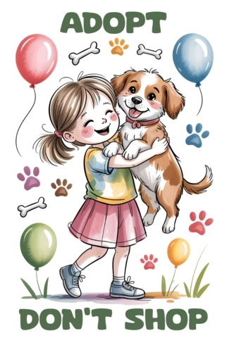 Whimsical Adopt Don't Shop Dog Design Template for Posters with Kids and Balloons