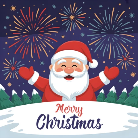 Festive Christmas Illustration Santa in Winter Wonderland with Fireworks and Decorative Greeting Poster Design Template