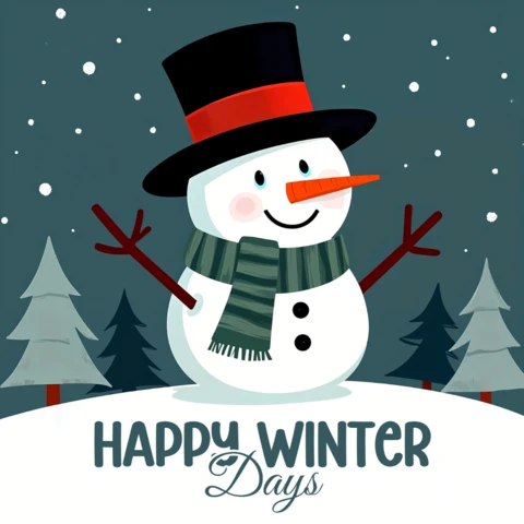 Template di design per biglietti di auguri con pupazzo di neve in un paese delle meraviglie invernale