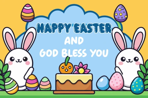 Feliz Pascua con lindos conejitos de diseño para la plantilla de tarjeta de felicitación