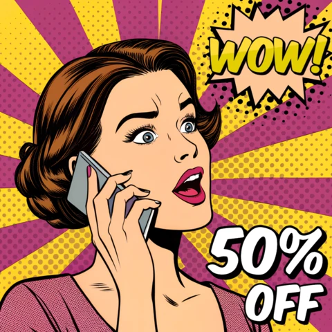 Annuncio di vendita di pop art per poster con donna entusiasta al telefono