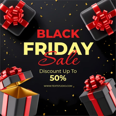 Modèle de design de vente du Black Friday avec des boîtes-cadeaux et des rubans pour des flyers promotionnels