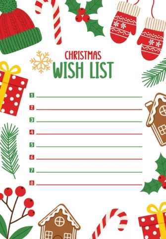 Christmas Wish List Template Festive Design with Winter Hat, Mittens, Candy Canes, and Gingerbread Houses