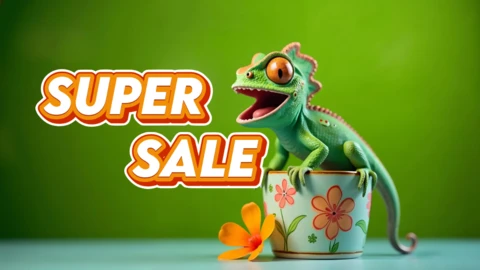 Eye-Catching Super Sale Banner with Vibrant Chameleon and Floral Design