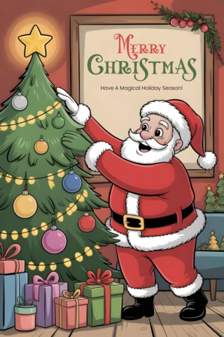 Whimsical Christmas Poster Santa Claus in Cozy Room with Christmas Tree, Gifts, and Holiday Sign Design Template