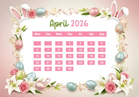 April 2026 Calendar Poster — Easter Bunny Ears, Painted Eggs, Roses, Lilies, Pastel Spring Decorations